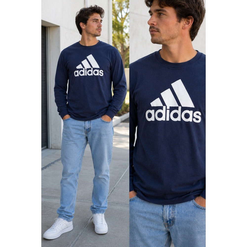 Adidas Logo Long Sleeve T Shirt Mens XLT Navy Blue Cotton Athletic Graphic Tee